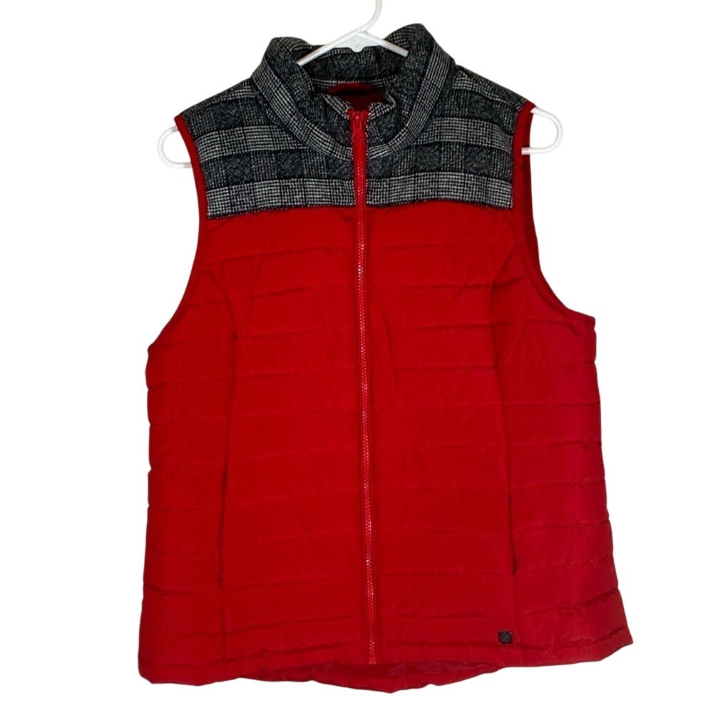 Ruff Hewn Puffer Vest Women's Red Black Tweed Full Zip size medium